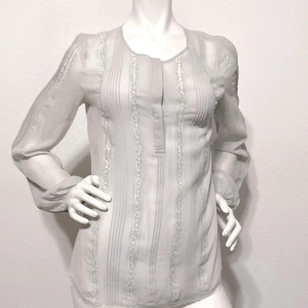 Gold Hawk 100% Silk Light Gray Sheer Long Sleeve Blouse Size XS